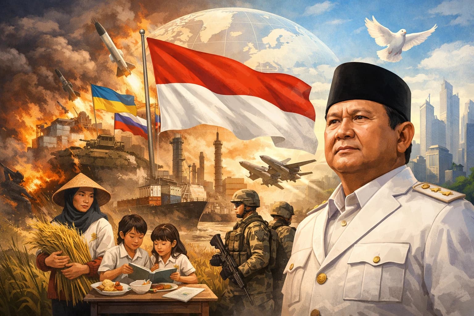 Ilustrasi ini menggambarkan posisi Indonesia di tengah situasi perang global yang memanas. Di sisi kiri terlihat suasana peperangan dengan kobaran api, tank, dan rudal yang melambangkan konflik dunia.