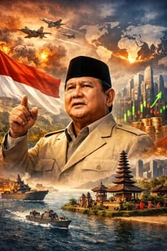 Presiden Prabowo dengan latar belakang peperangan