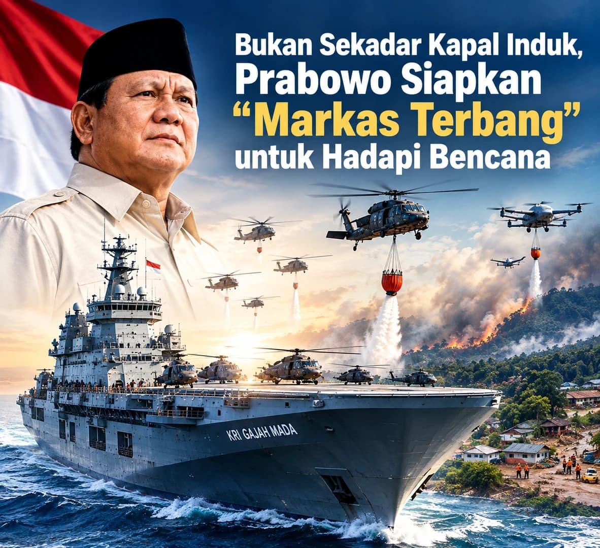 Kapal induk pertama Indonesia tak hanya akan menjadi simbol kekuatan pertahanan. Di tangan Prabowo, kapal hibah Italia ini justru disiapkan menjadi “markas terbang” yang bisa membawa hingga 10 helikopter untuk memburu titik api dan membantu penanganan bencana.